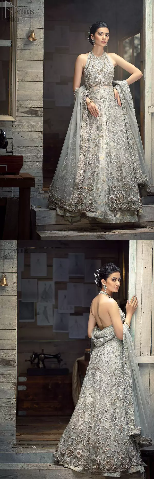 Nikah Wear - Light Grey Halter Neck Gown Lehenga. The floral and the flowery climber networks on fully embellished Halter neck and blouse has exquisitely exaggerated in the beauty of the costume making it very unique. The bottom lehenga with Fixed Waist Belt With Side Zip Closure is composed of Katan Banarsi Jamawar fully embellished with flowery climbers with Light Gray colour tone; being exquisitely beautiful in perfecting the complete outfit having a unique fabric and double flare lehenga that is in stellar combo with the blouse with finished edges and Dupatta sideways carried beautifully by the bride with organza fabric and Heavy beautiful golden and Grayish lace on all four bordered finished sides and dabka work on the net inside of the gorgeously made dupatta, whole this costume has its own unifying feature such as 100 % imported high quality overall highly embellished fabric making it the best choice to have by you on your big day.