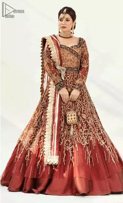 Pakistani Reception Wear Burgundy Ball Gown - Lehengha.
