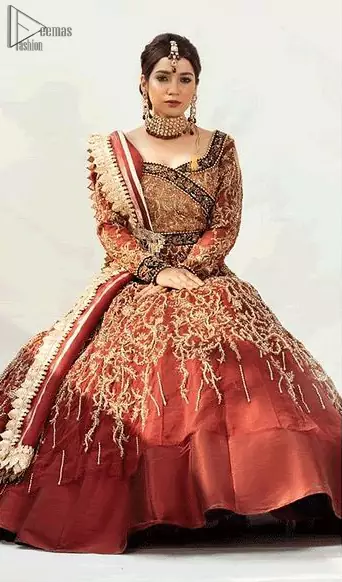 Dress up traditionally with Deemas Fashion's marvellous Burgundy Ball Gown. An exquisite full-sleeved gown followed by a marvellous churidar Pajama. This Maroon gown is made to perfection with splendid golden embroidery, beneath its beautiful sweetheart neckline. A net Dupatta completes the overall dress code and makes you ready for your Reception day. This dress has all the attractions required to have the public's attention on your big day.