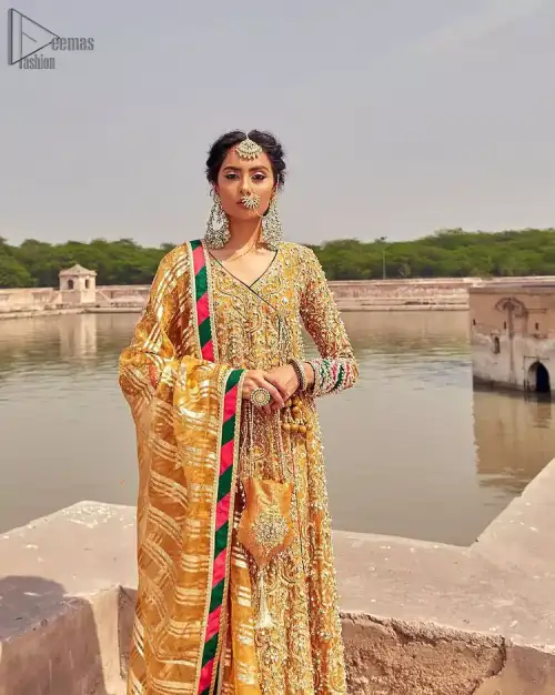 Latest Mehndi Wear - Mustard Angrakha Frock - Chatta Patti Dupatta. A beautiful touch of light golden embroidery embellished with