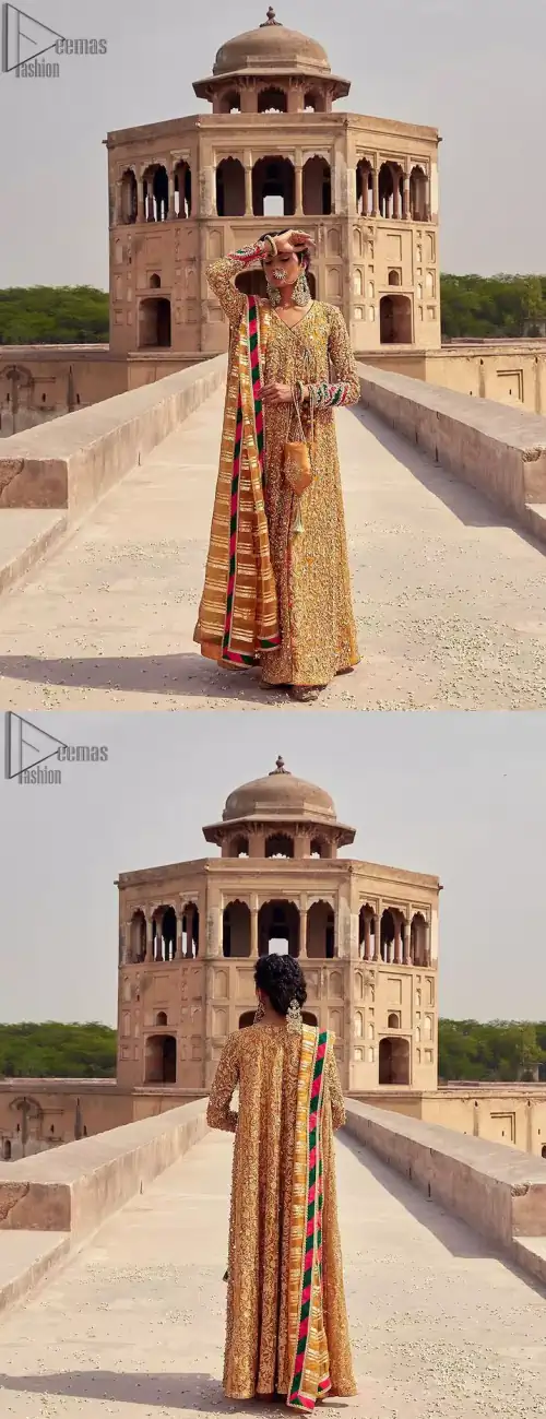 Mustard Angrakha Frock - Chatta Patti Dupatta. Made with pure organza, this mustard-coloured, full-sleeved frock comes with a graceful Chatta