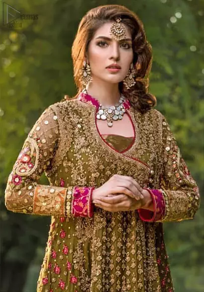 Wedding brida yellow and mehndi green color with gota dabka zari nagh –  Nameera by Farooq