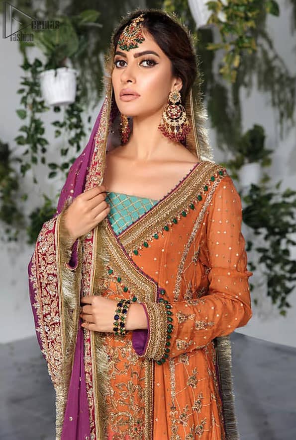 Orange Pink Angrakha Sharara – Purple Dupatta
