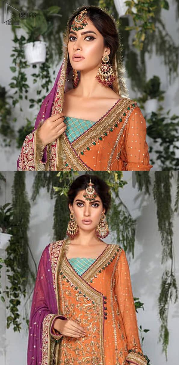 Orange Pink Angrakha Sharara – Purple Dupatta