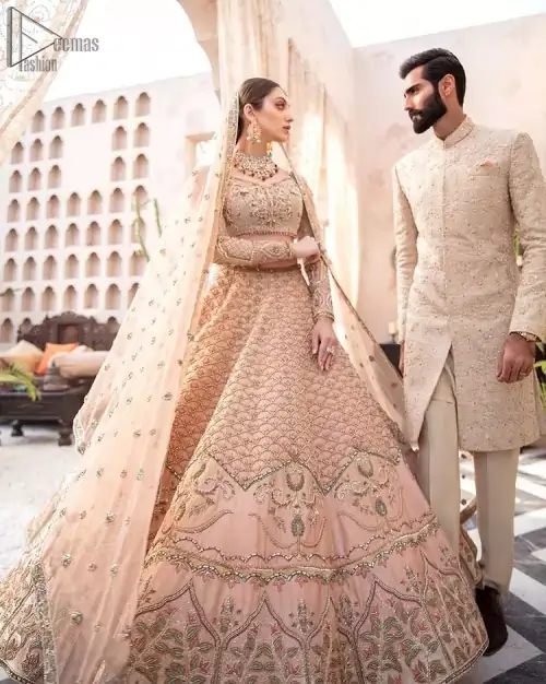 Pakistani Wedding Wear Peach Blouse Lehenga. DupattaThis breathtaking fit and flare wedding dress offers comfort without compromising on style. This
