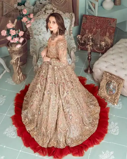 Peach Ruffled Maxi – Back Train Style Dupatta. Peach Blossoming Floral like Maxi with a frilled red border and Organza