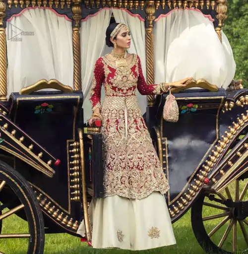Best Nikah Dress - Red Front Open Gown Inner Ivory Lehenga Maxi. Glorify yourself by suiting up with the exceptional