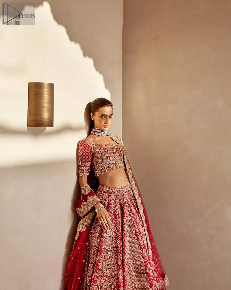 It's all about looking stunning with a gorgeous Pakistani reception wear Red Lehenga Blouse. Made with pure organza, this beautiful red dress is designed with trendy half sleeves, following a blouse choli styled exquisitely with a criss-cross pattern on sleeves. This highly appealing attire is surely going to get you a lot of praise on your Reception day.