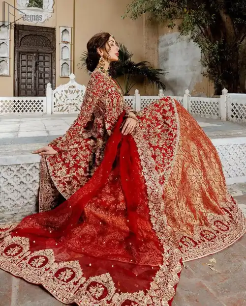 Red Bridal Peplum n Dupatta – Orange Lehenga. Red peplum with pure organza and fully engraved multi colour embroidery is