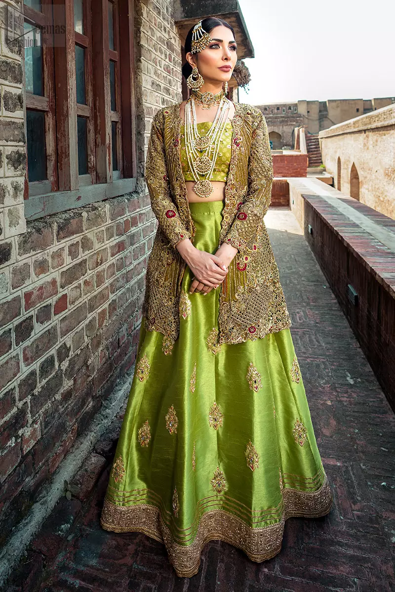 Bright green lehenga blouse front open shirt 03