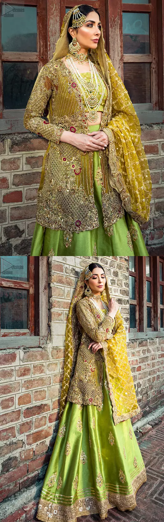 The attire displays dexterous gota work, golden embroidery, and mirror work, that brighten up its prevailing meritoriousness. Bright Green Lehenga Blouse – Front Open Shirt.