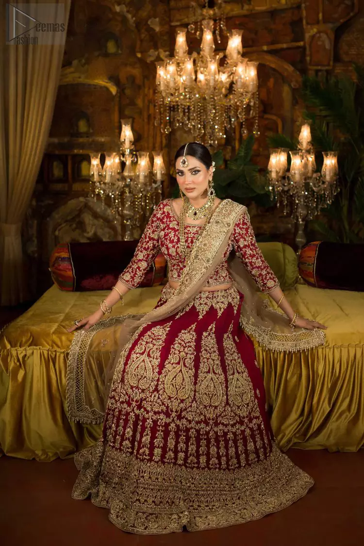 Looking perfectly gorgeous is not a mere utopia. You already appear stunning but with the Crimson Lehenga Blouse on you, things will definitely get unimaginably beautiful. A marvellous combination of a three-quarter sleeved Crimson blouse choli, an elegant lehenga and a tan net dupatta, dazzle up the dress with unexplainable enchantment. The attire features a heavy centre panel and a mesmerizing round neckline, designed with skill and accuracy. To add more to its exquisiteness, a fascinating work of golden embroidery follows an outstanding adornment of floral motifs. Graceful as it is, pure organza blooms its meritoriousness, making the dress a whole treat to your reception day.