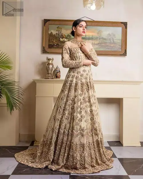 Shine like a diamond with the Ivory Back Train Maxi, a charming full-sleeved bridal wear with a unique majestic illusion