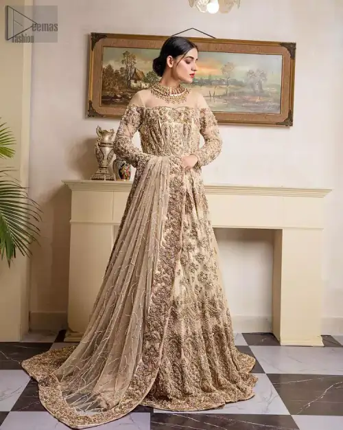 a charming full-sleeved bridal wear with a unique majestic illusion neck, making you the distinctive queen of the night. Decorated