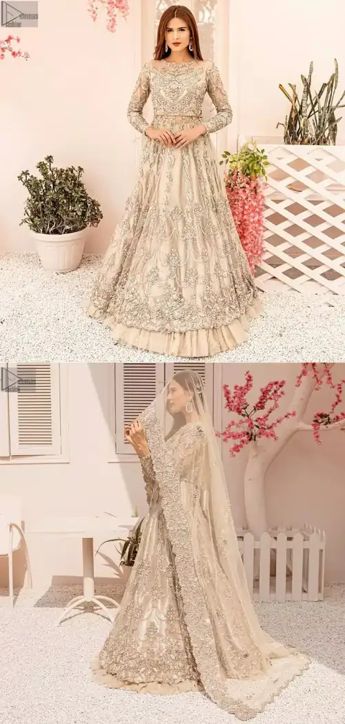 A combination of glamorous ivory organza Pishwas, a ravishing net lehenga and a traditional dupatta is sure to dazzle up