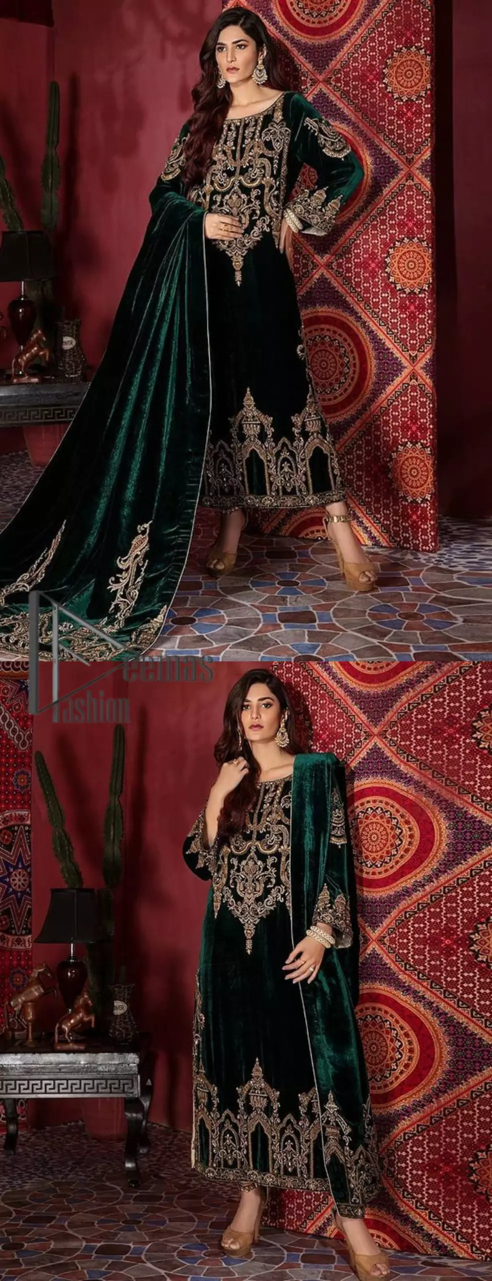 Create your own fantastic day with this bottle green velvet article that style serves for an elevated look. The shirt is flawless in bottle green colour with delicate antique golden work that includes kora, dabka & mukesh details that are artistically embellished to give a beautiful flow to the outfit.  Dupatta is like a shawl in velvet that blends both classical and contemporary trends that will make you swoon in it.