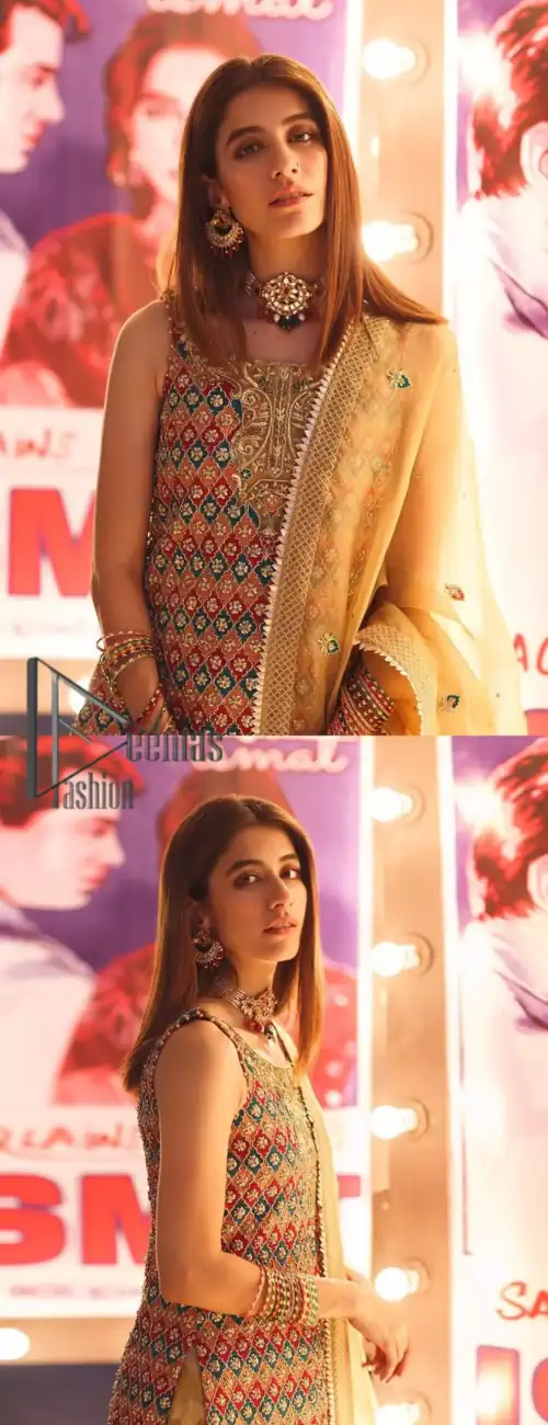 This dress is perfect for mehndi. This mehndi and mayun dress is beautifully sculptured with geometric patterns having floral motifs