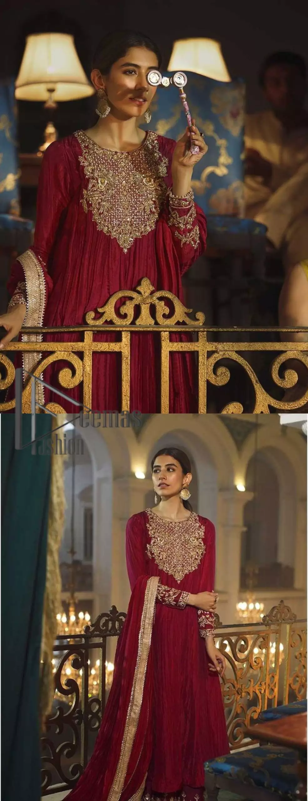 A picture of pure elegance with our maroon crushed frock enhanced with embellished golden embroidered  neckline. The dupatta is further highlighted with embellished scalloped border. It is paired up with embellished frock adorned with beautiful motifs on neckline that comes with plaazo. The perfect combination of tradition and class. With a lot of attention to detail, the intricate zardozi work with using glass beading and threads makes the bodice look like nothing but a dream.