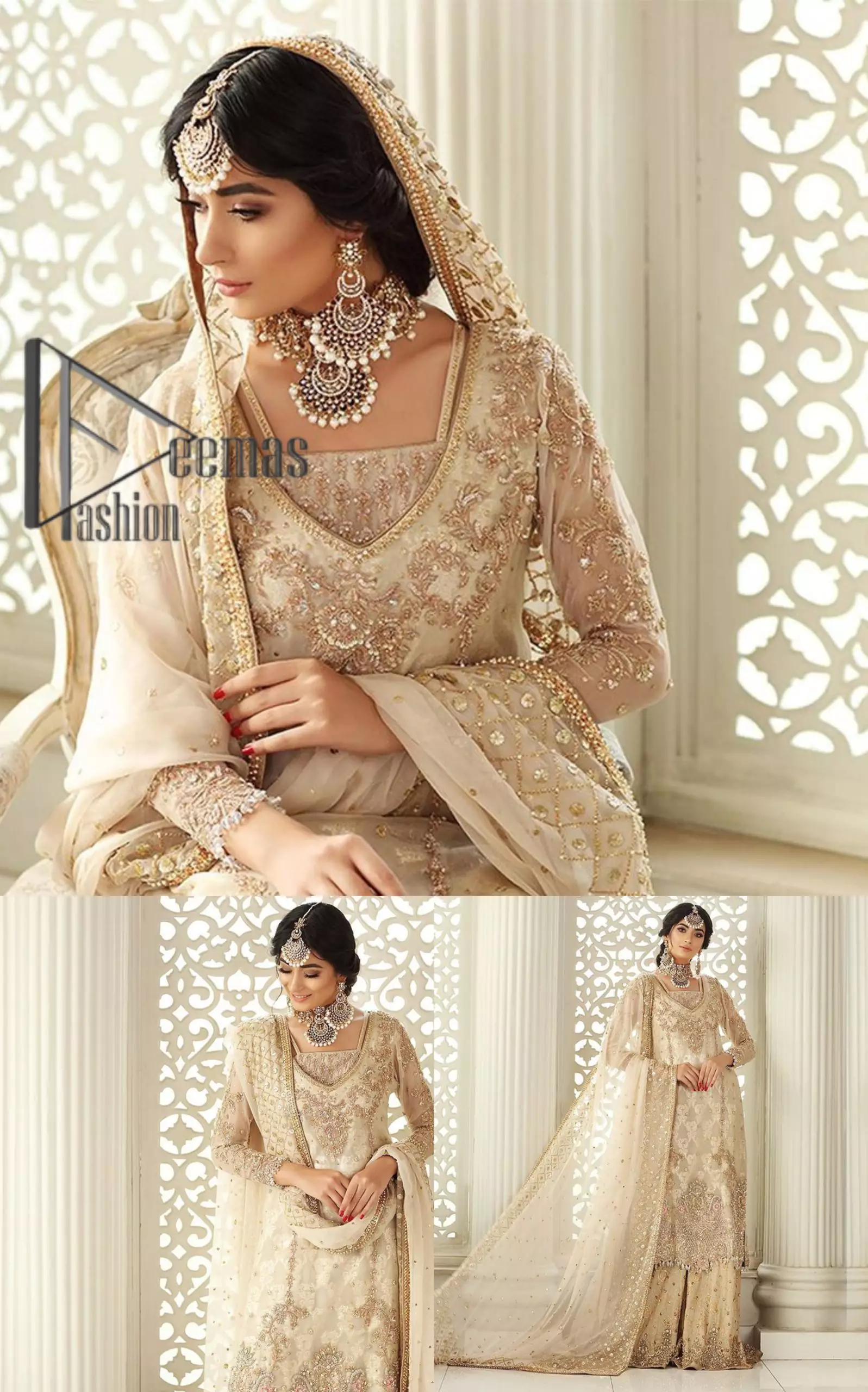 Pure bliss is seeing a bride smiling ear to ear through her whole wedding. Just go with a retro vibe on your Nikkah, everyone call you super queen. This ivory long shirt is pleasingly furnished with golden and antique embroidery that includes kora, dabka, tilla, and crystal work. The blouse is intensified with a V neckline just to give you a super surprising look. It is systemized with ivory sharara that border is embellished with beautiful embroidery as well. Complete this amazing look with a dupatta which is adorned with a four-sided handsome border and sequins spray all over with so much love.