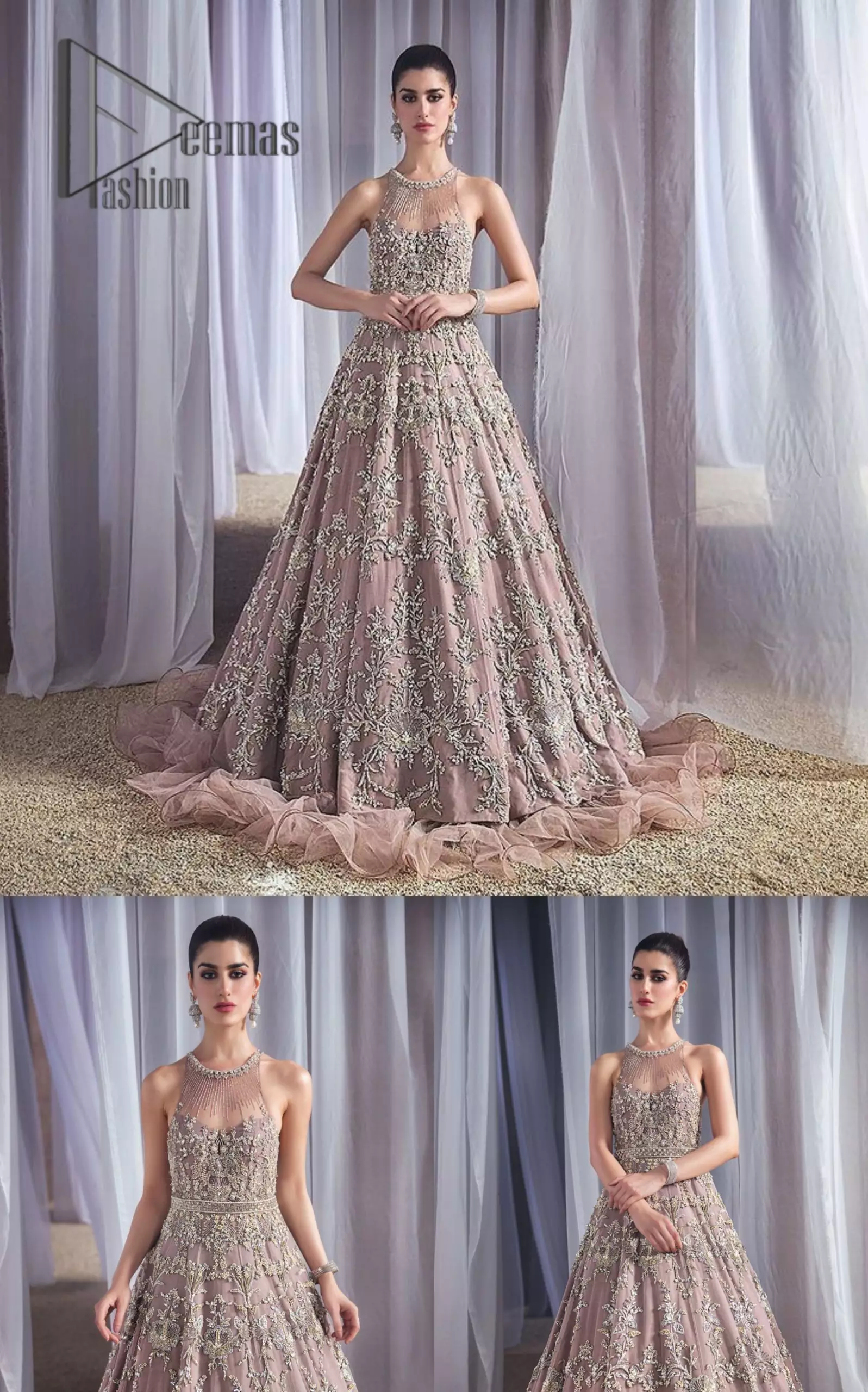 Love just come in one color that is oyster pink. You will start shining in our secret weapon for the walima event. Presenting oyster pink maxi that is wonderfully ornamented with silver embroidery that includes kora, dabka, tilla, and crystal work just to boost up your inner happiness. Its lustrous, lush, and lavish in every sense of the word with its dazzling oyster pink frilled as well. Further, the round neckline of this maxi is super duper amazing when comes with a sleeveless style to give you a lovely vibe.