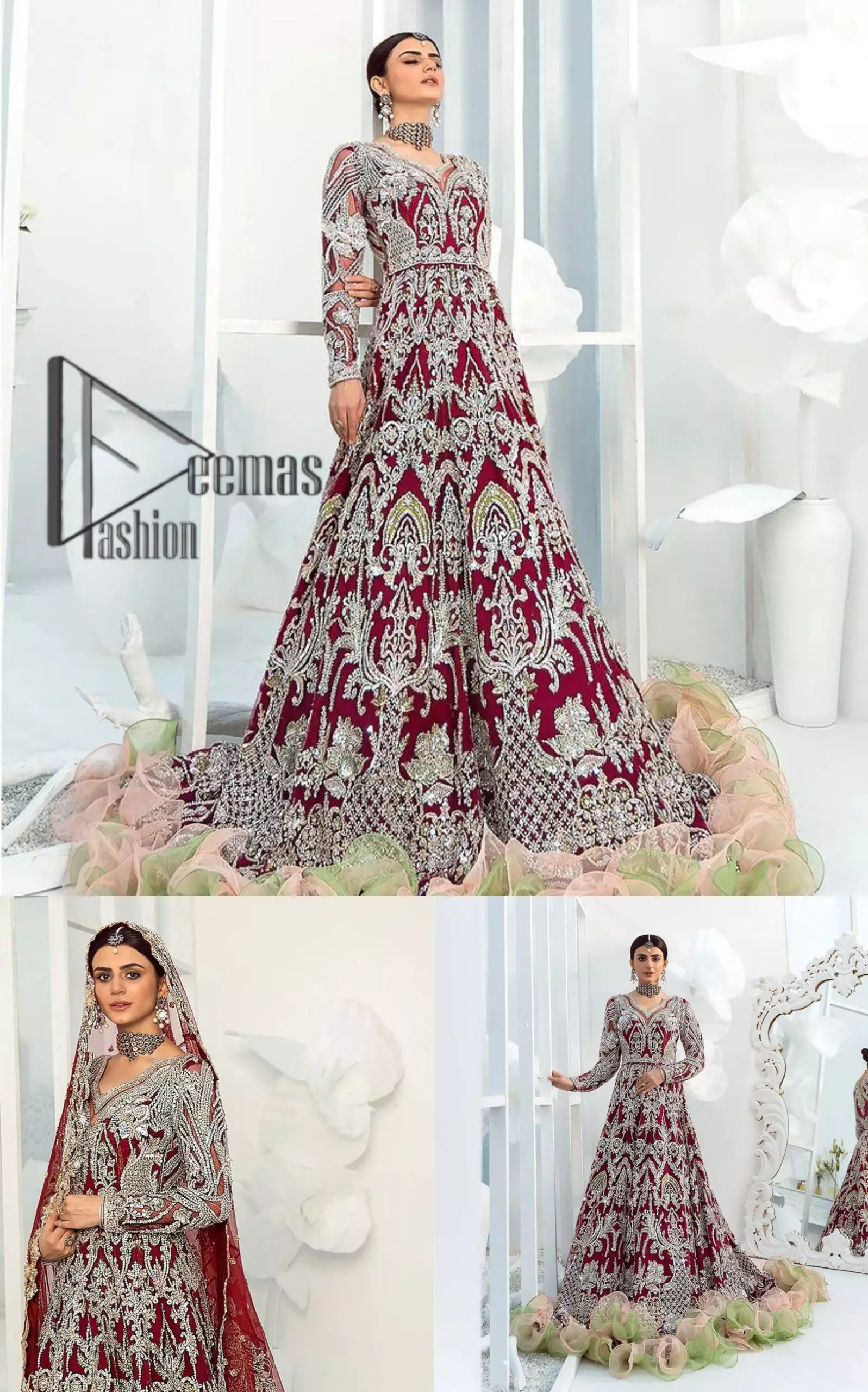 We're sure the majority of you women love slipping into "red outfits for weddings". So, Deemas Fashion presents undeniable vivacity and charming glam of red which makes a bride steal everyone's heart. This red full-sleeved maxi is made with pure organza and is adorned with silver embroidery that includes kora, dabka and tilla work. Moreover, the sweetheart neckline of the maxi is also giving a dazzling effect to this super outfit. Pair it up with a red dupatta that is embellished with four side borders and sequins spray all over that gives you a stylish and aesthetic look on your big day.