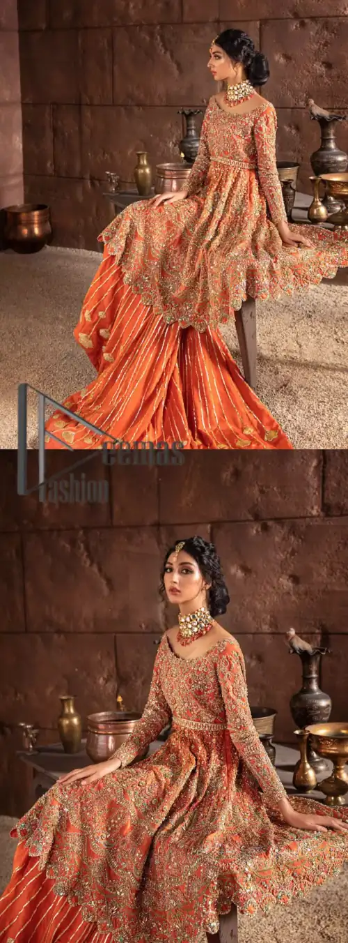 Fall in love with elements of detailing. Embrace your Mehandi style story with this orange attire serving vogue at its