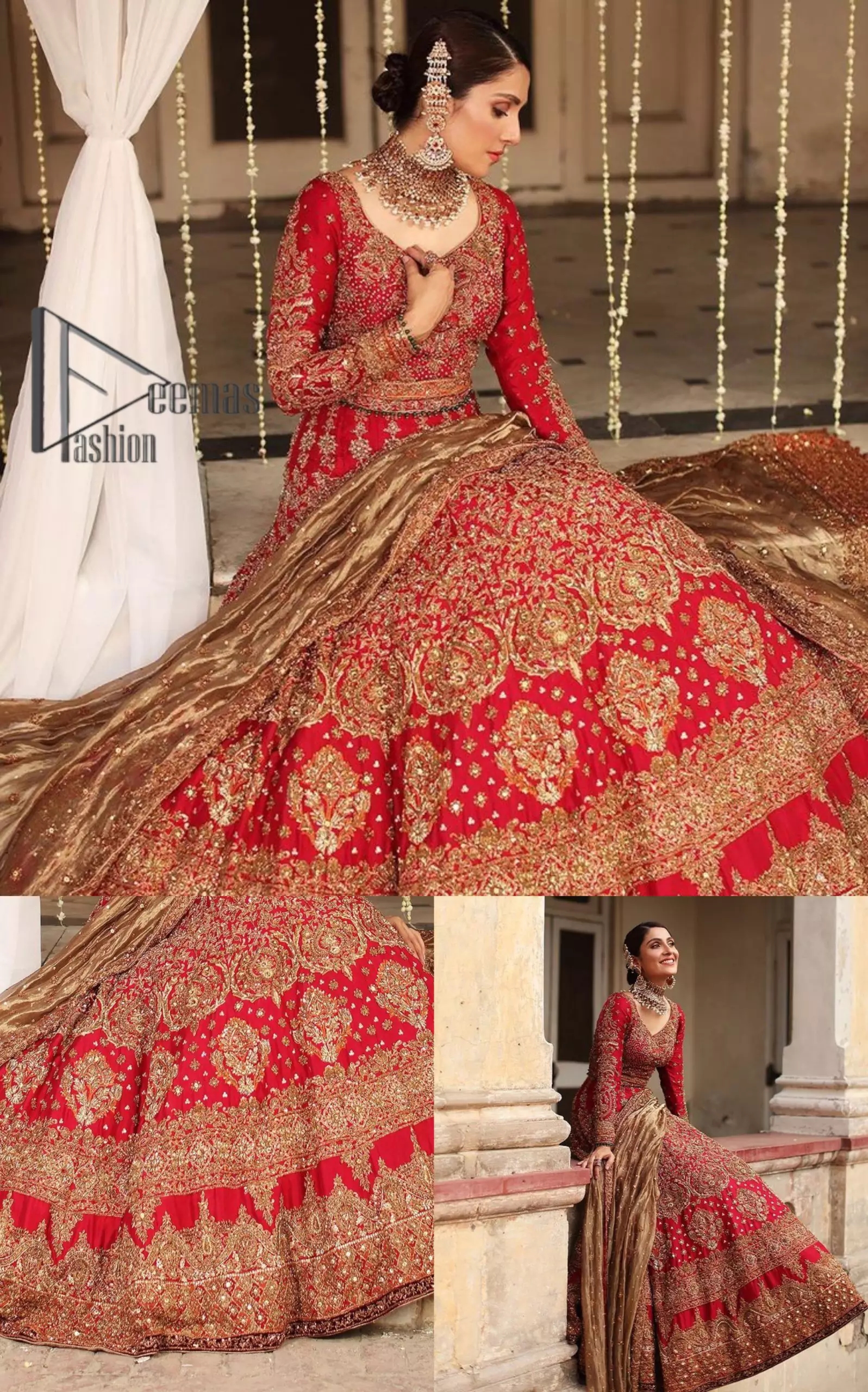 Dress up for your occasion, it's time to dance on your big day. Give a fresh twist to your wedding Big day outfits with this eye-catching red article. Reveal your day with the red heavy blouse that is attractively adorned with golden embroidery which includes tilla, dabka, kora work so that you can embezzle everyone's attraction. In addition to this, the sweetheart neckline of the blouse is just soothing when comes with full sleeves. The blouse is coordinated with a red lehenga that is heavily embellished with marvellous embroidery to give you a queen look. Complete this outfit with a golden dupatta which enhanced the beauty of the outfit.