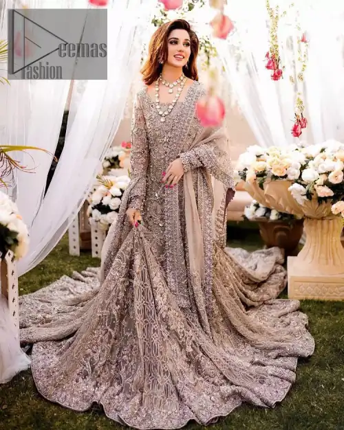Embrace happiness on your Walima in the colour of beige-pink along this dreamiest fairy tail maxi. The floral fusion of