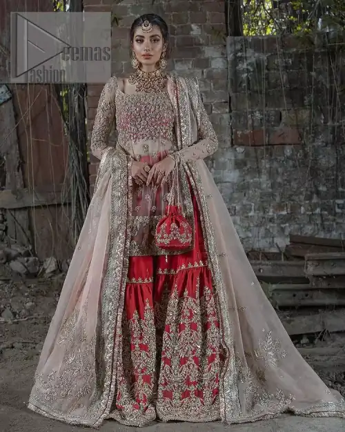 Beige Pink Shirt Dupatta – Red Gharara