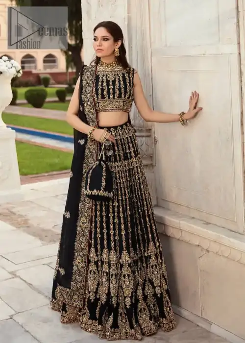 Black is the second way to show romanticness. This black article is attractively rendered with golden embroidery in which details