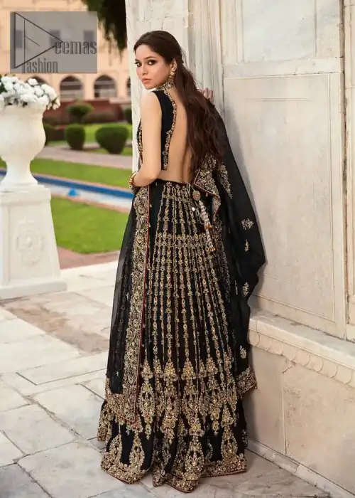 Black is the second way to show romanticness. This black article is attractively rendered with golden embroidery in which details