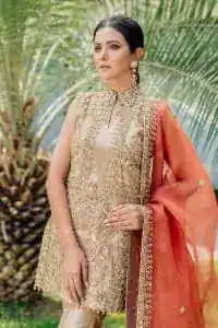 Envelop yourself into a dazzling love affair. The unique article in ivory colour just highlighted you at any event. The short shirt of the article is handsomely decorated with golden embroidery which includes kora, dabka, tilla, Kundan and Sitara work to make your event blazing and dazzling.  It is enhanced with a collared neckline to make this outfit more formal when come with a sleeveless style. Further, it is coordinated with pant which is embellished with golden embroidery. Last but not least piece the dupatta comes in rust colour having four-sided embellished borders to encapsulate you in stars.