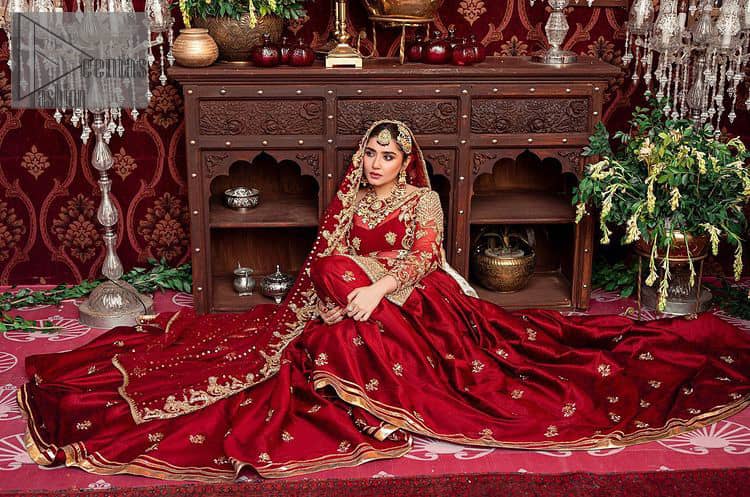 Bride love is in the air! DeemasFashion presents a red shirt rendered with golden embroidery and is enhanced with the magic of Resham, pearls, Sitara, tilla and dabka to complete the feeling of your Big Day. The shirt is emphasized with boat shape neckline and full sleeves to make your day super romantic. In addition to this, it is coordinated with red back train gharara which is intimately embellished with golden floral motifs as well. To finish this article, the last but not least piece comes that is the dupatta which is adorned with four sides heavy borders and sequins spray all over to explain the love of the bride.