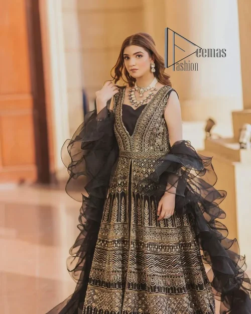 Wear black in-depth to lead colourful lives. DeemasFashion presents black party wear which includes a front open maxi having light