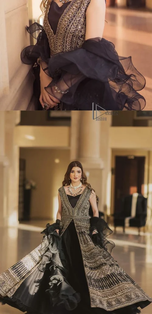 Wear black in-depth to lead colourful lives. DeemasFashion presents black party wear which includes a front open maxi having light