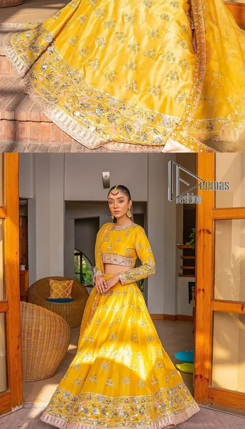 Yellow is just associated with mehndi as the sun is associated with brightness. DeemsFashion presents the bright yellow Pakistani mehndi