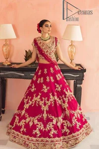 Mostly pink is the weapon of the bride on her big day. This Pakistani reception wears is also designed in pinkish colour which begins with a pinkish red blouse. The following blouse has a beautiful round shape neckline and it comes with half sleeves. Further, it is ornamented with golden embroidery which includes tilla, dabka, kora and Kundan. It is systemized with a lehenga in the same colour which is adorned with a heavy border and floral motifs all over. Complete this Pakistani reception wear with a scalloped dupatta in the same colour which is embellished with four-sided borders and sequins sprayed all over to enhance the weapon of you on your big day.