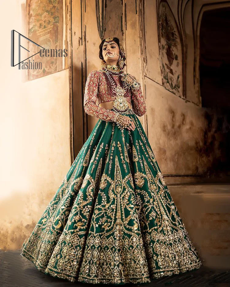 Dark green Wedding Lehenga Choli with Embroidered Satin - LC4619