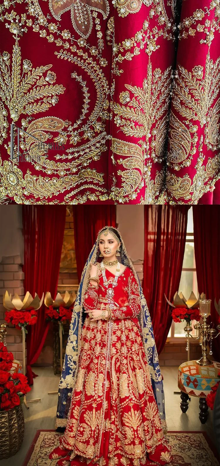 Red is the colour of love. Beating hearts and hungry lips. Red is always associated with Pakistani reception wear. Go ahead with a red front open maxi which is actively adorned with light golden embroidery and enhanced with tilla, kora, dabka and zardozi. Furthermore, the Pakistani reception wear is highlighted with V shape neckline and full sleeves to embrace the night of the event. The Pakistani reception wear is coordinated with a lehenga in the same colour which border is embellished with floral motifs. Complete this article with a dupatta in contrast to blue or red which is embellished with heavy embroidery as well to balance the artilcle.