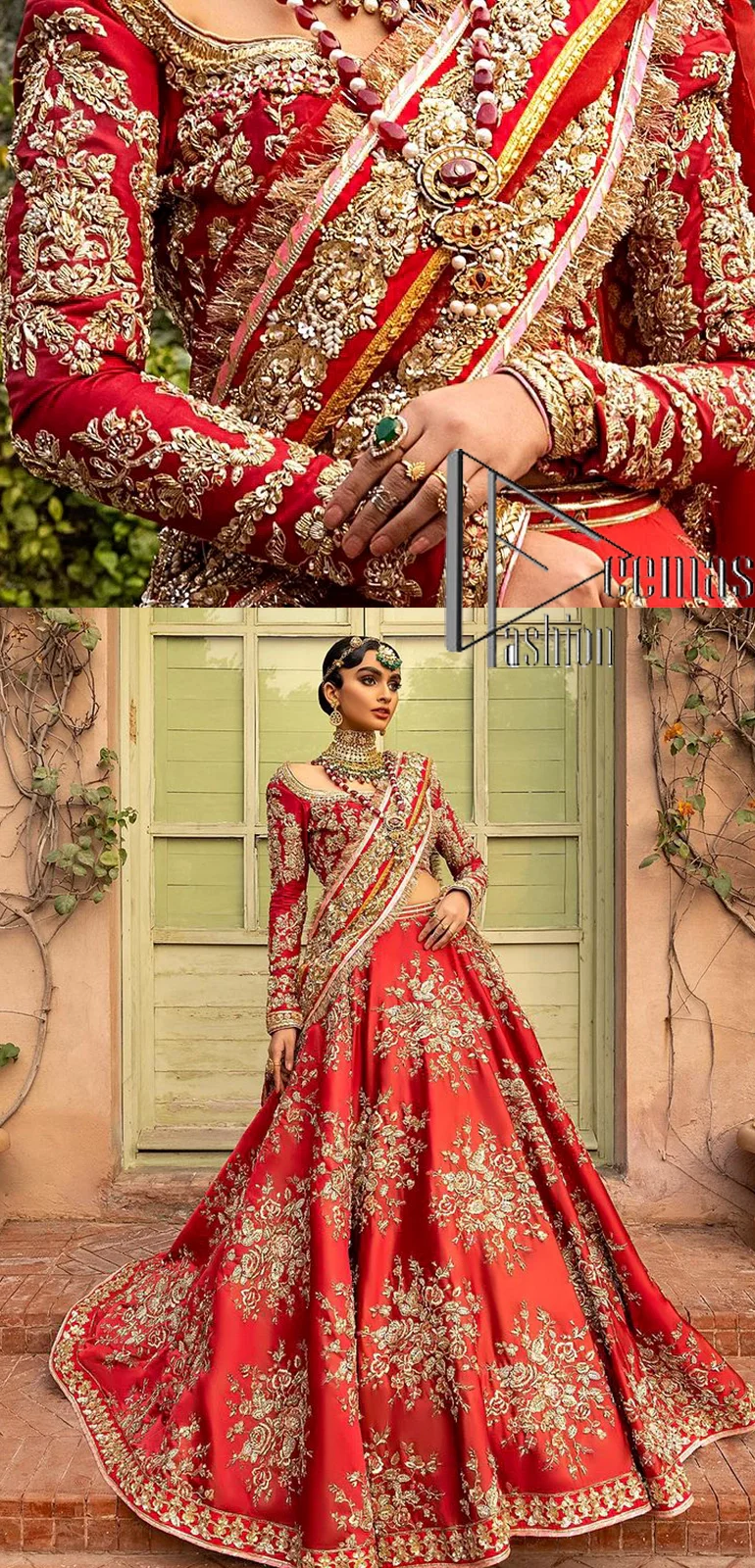Nothing beats the luxury of bright red couture in reception. Our luxury bright red blouse is entirely hand-worked and finished with the fine material of golden embroidery which is self-explanatory of the uniqueness of the attire. It is further enhanced with tilla, dabka, kora and Sitara. The boat shape neckline also added engaging and attractive beauty to the outfit when comes to full sleeves. It is organized with flared lehenga to make your day super amazing and fulfil your dreamy romantic look. Complete this with a dupatta which is embellished with four-sided borders and sequins sprayed all over to beat the luxury of bright red.