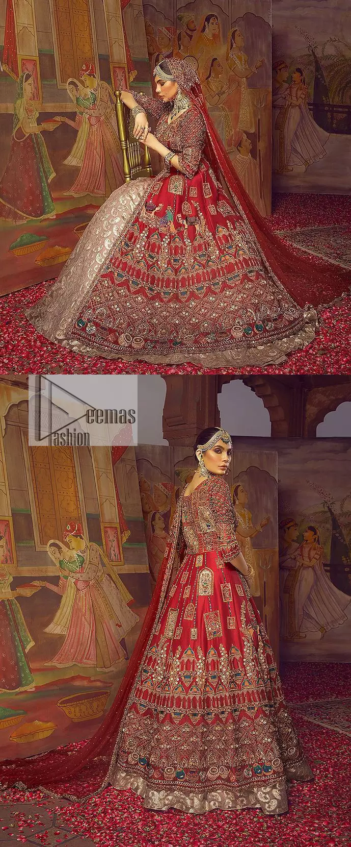 Stun in this classic canvas with crimson maroon adornment at your reception. DeemasFashion presents this outfit which begins with a maxi that is luxuriously encrusted with tilla, dabka, Resham, Sitara and specific shorts of zardozi. Scintillating with detailed embroidery in multiple-colour to make you the fashion start of the era. The round neckline of the maxi along with the three-quarter sleeves makes the traditional look. It is systemized with lehenga made with pure jamawar in ivory colour. Complete this article with a dupatta, framed with a four-sided border and sequins sprayed all over to fulfilling the promising stunning bride look.