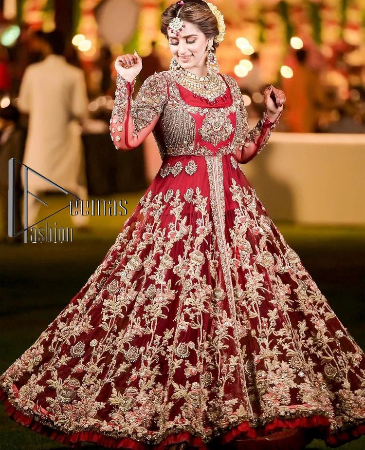 Maroon Front Open Frilled Maxi For Reception Outfit