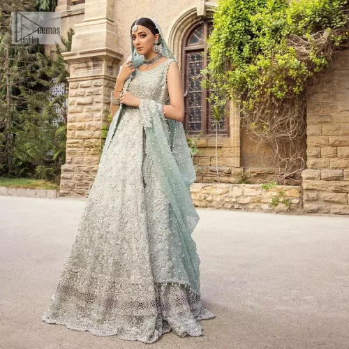 For the love of blue! A raw silk pale blue maxi with a heavy border is beautifully embroidered in silver