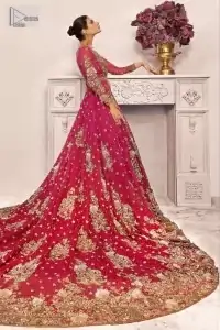 Shocking Pink Back Train Maxi – Red Lehenga Dupatta - Image 1