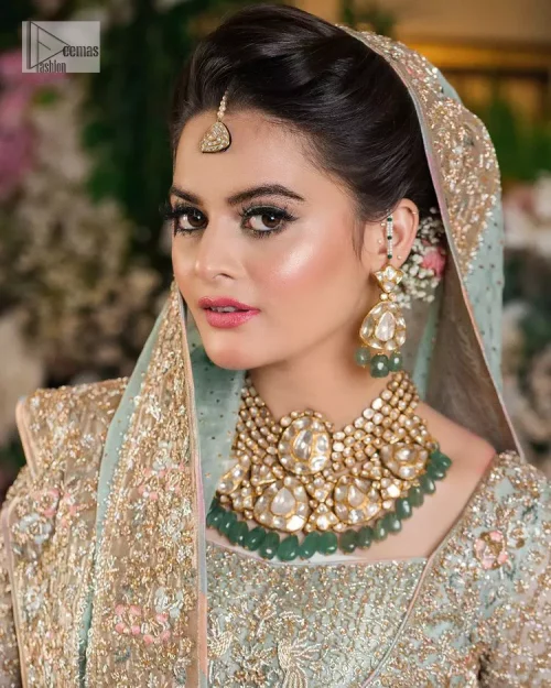 Unique embroidery designs to add some sparkle to your style on your Nikah! Light blue angrakha maxi with delicate multiple