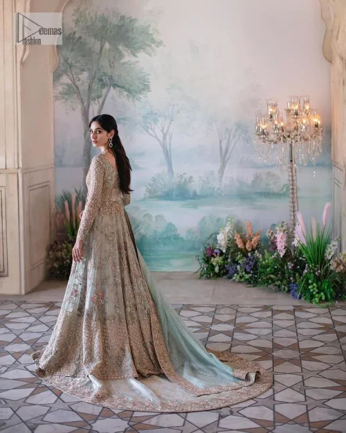 Unique embroidery designs to add some sparkle to your style on your Nikah! Light blue angrakha maxi with delicate multiple