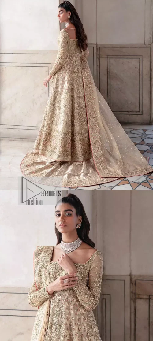 Ooze beauty and elegance in this simple yet amazing ensemble. This walima outfit in the off-white colour is a magnificent