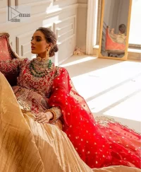 Bright Red Short Frock – Golden Crushed Lehenga - Image 1