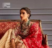 Bright Red Short Frock – Golden Crushed Lehenga - Image 2
