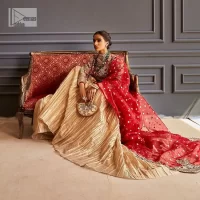 Bright Red Short Frock – Golden Crushed Lehenga - Image 3